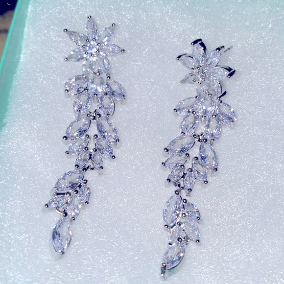 Bridal Flower Sterling Silver Cubic Zirconia Drop Earrings - Picture 6 of 6